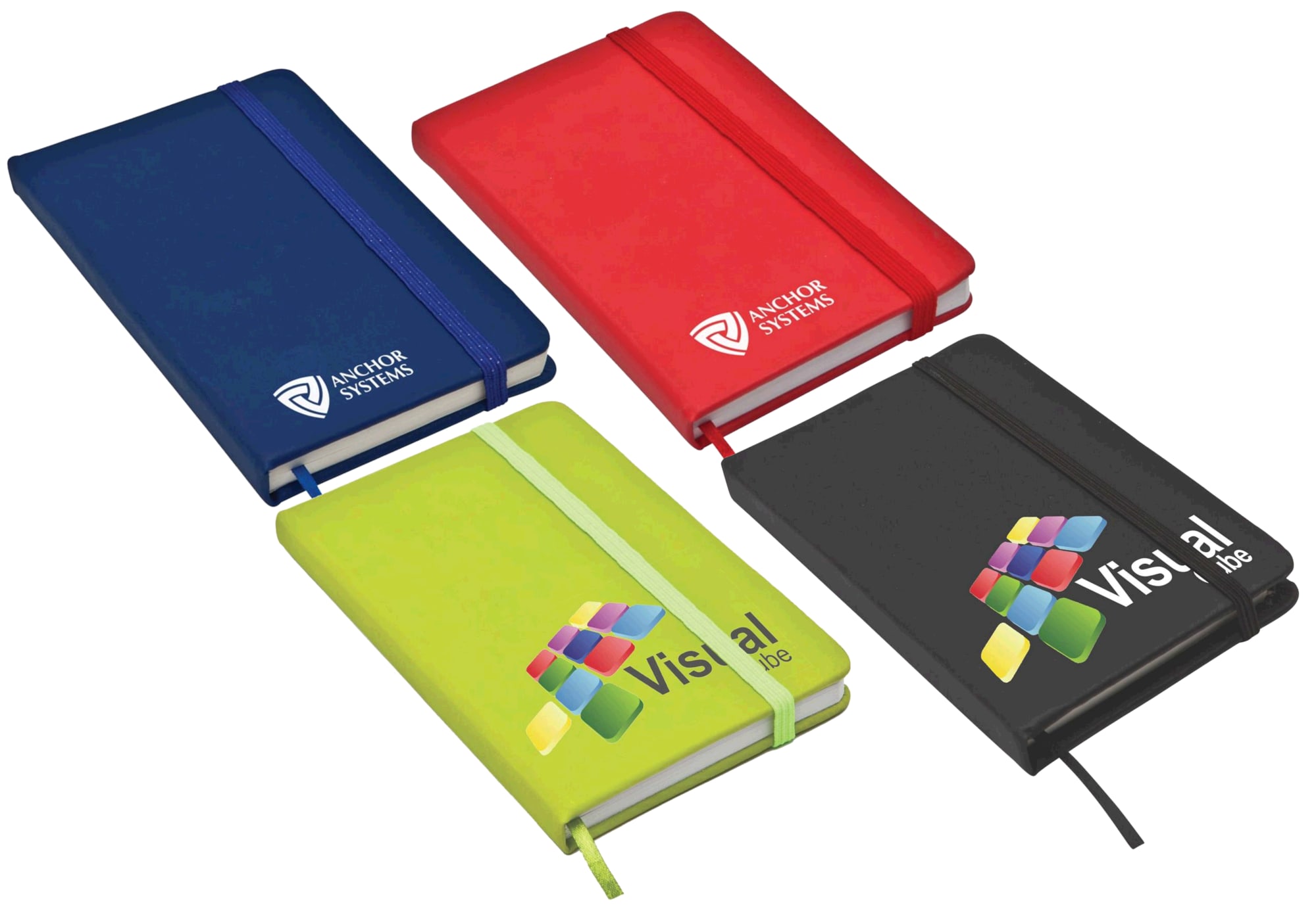 Four notebooks in blue, red, green, and black, featuring logos and elastic closures. The green notebook is prominently displayed. Carnival Pocket Pad - Image 1