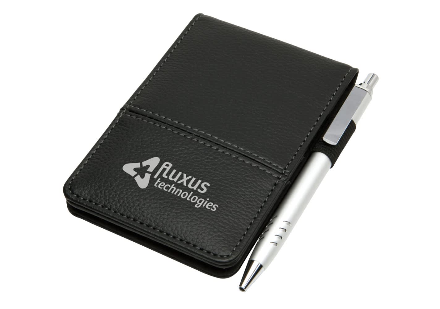 A black notepad with a silver pen secured on the side. The notepad features a logo. Meridian Jotter - Image 1