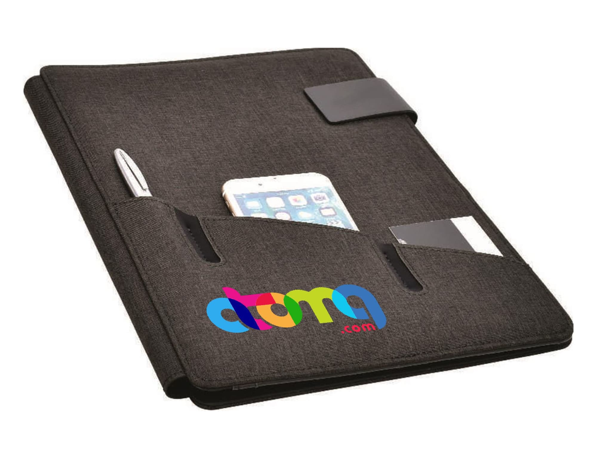 A black hands-free A4 portfolio featuring pockets for a pen, phone, and card. It has a logo on the front. Hands-free A4 Portfolio - Image 1
