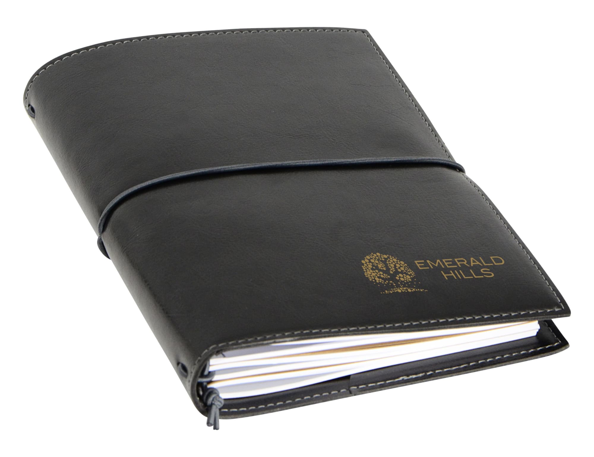 A black A5 journal with a smooth cover and a logo, featuring elastic closure and lined pages inside. Universal A5 Journal, Black - Image 1