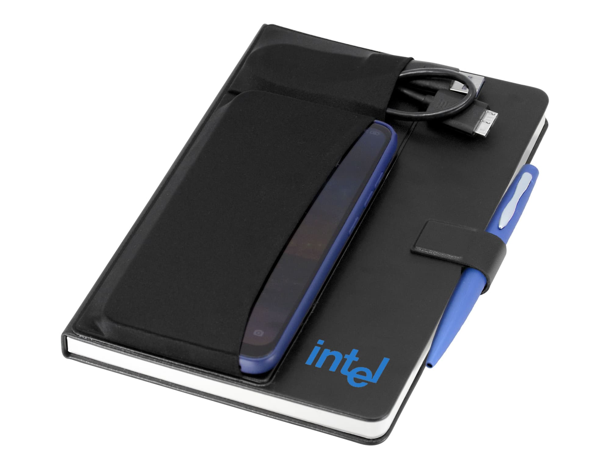 A black notebook with a pen, a phone sleeve, and a charging cable, featuring a logo on the cover. Remote Work Notebook, Black - Image 1