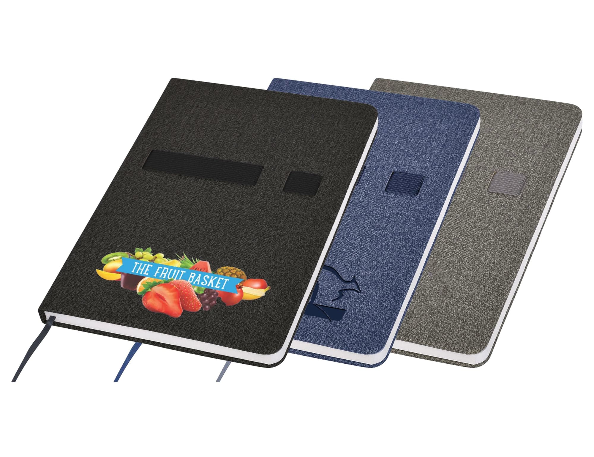 A set of three Oslo A5 notebooks in black, navy blue, and grey, featuring a logo on the black notebook. Oslo A5 Notebook - Image 1