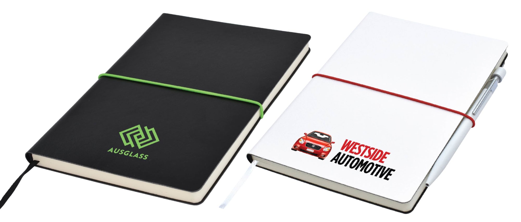 A black notepad with a green logo and a white notepad with a red elastic band and a pen, featuring a logo. Tango Plus A5 Notepad - Image 1