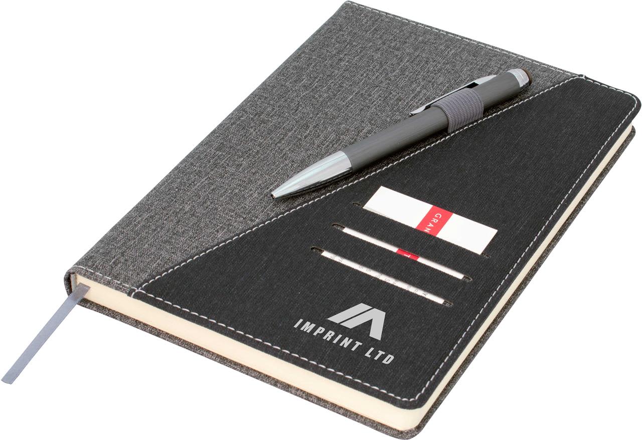 A black and grey A5 notebook featuring a pen, card slots, and a logo on the cover. Ottawa A5 Notebook, Black/Grey - Image 1