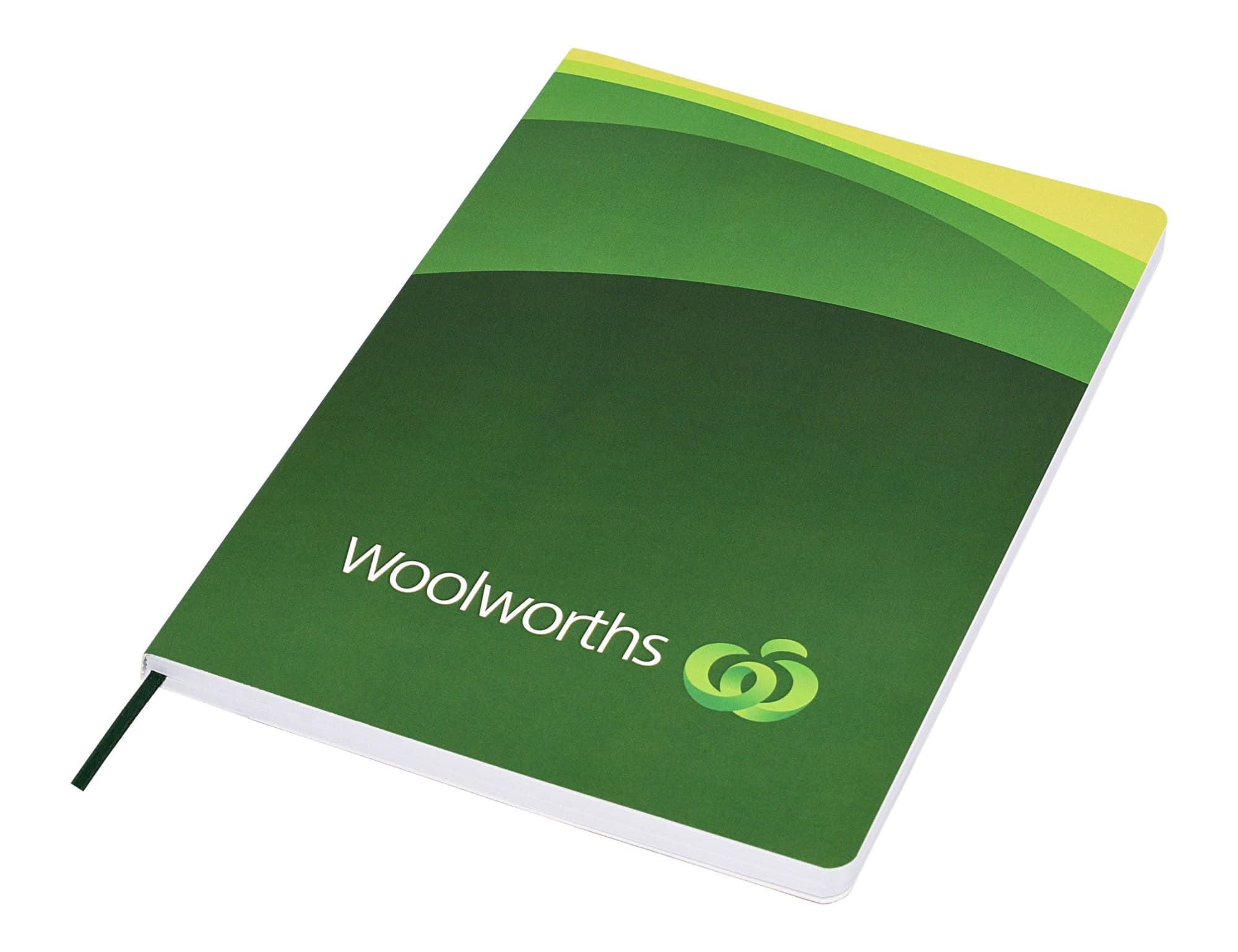A green A5 portfolio with a curved design and a logo on the front. It features a ribbon bookmark. Designa Full Col Softcover A5 Notebook - Image 1