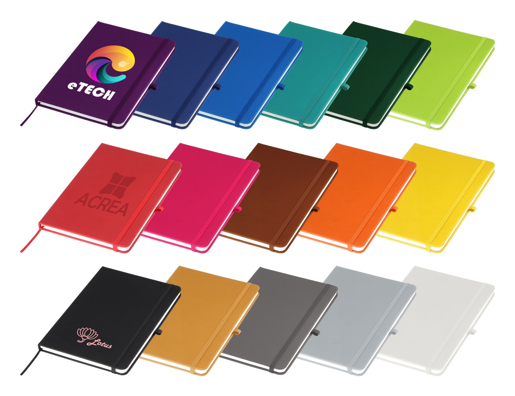A collection of A5 notebooks in various colours, each with a decorative logo, displayed in a row. Carnival Pro A5 Notebook - Image 1
