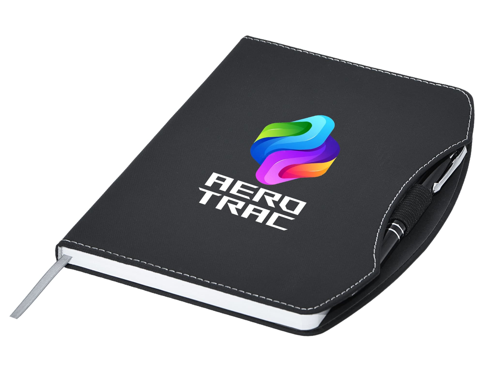 A black A5 notebook featuring a curved cover and a logo, with a pen attached. Boston rPET A5 Notebook, Black - Image 1