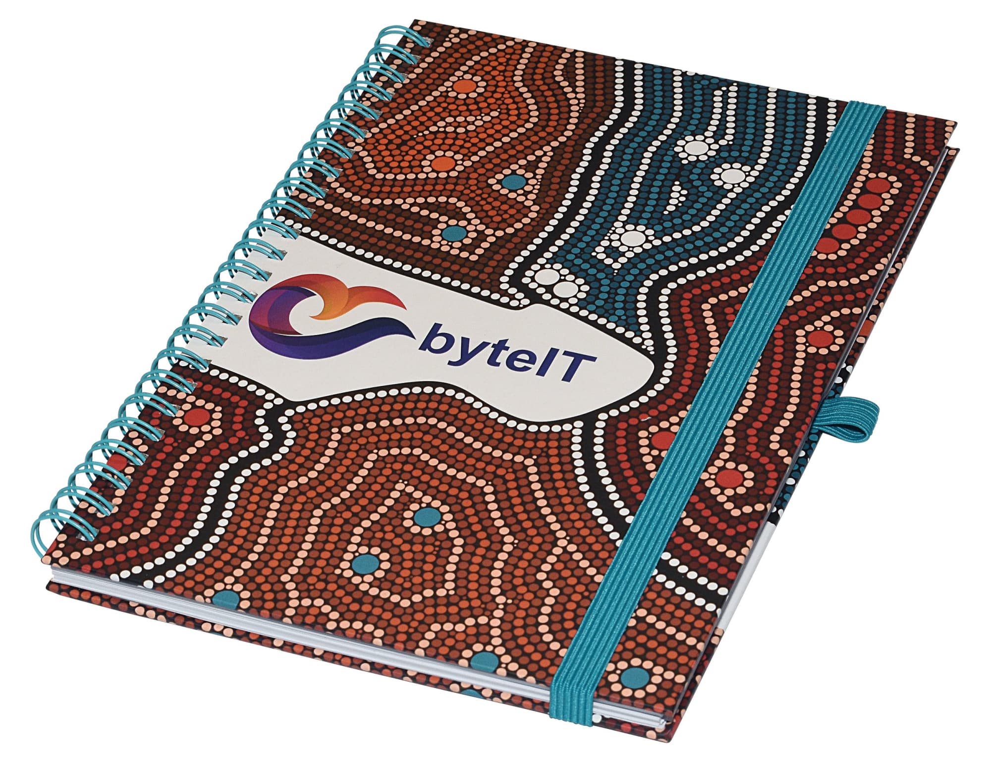 A A5 side-bound notebook with a distinctive Aboriginal art design in brown, red, and blue, featuring a logo on the cover. Designa Wiro A5 Side Bound Notebook - Air Freight - Image 1