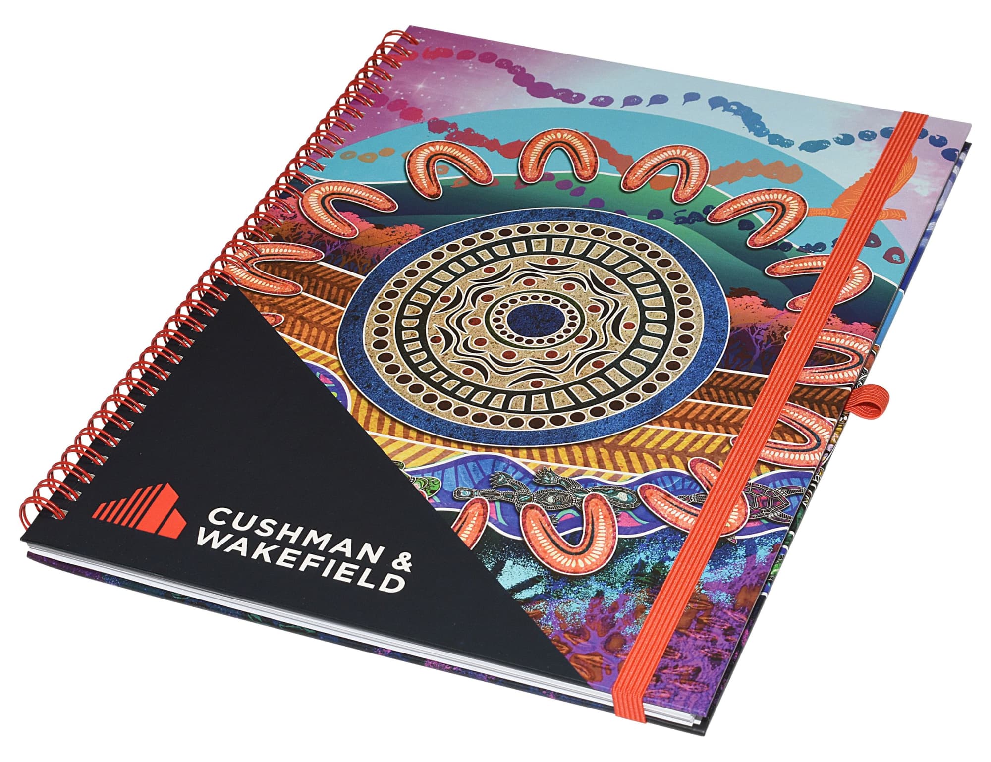 A colourful A4 side-bound notebook featuring a spiral binding and an elastic closure, with a logo on the cover. Designa Wiro A4 Side Bound Notebook - Air Freight - Image 1