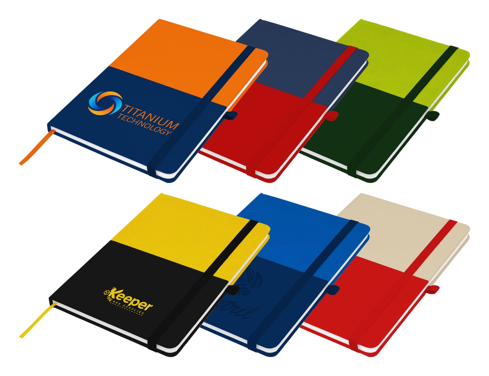 A set of Designa Symphony A5 Notebooks in various colours, featuring elastic bands and logos on the covers. Designa Symphony A5 Notebook - Image 1