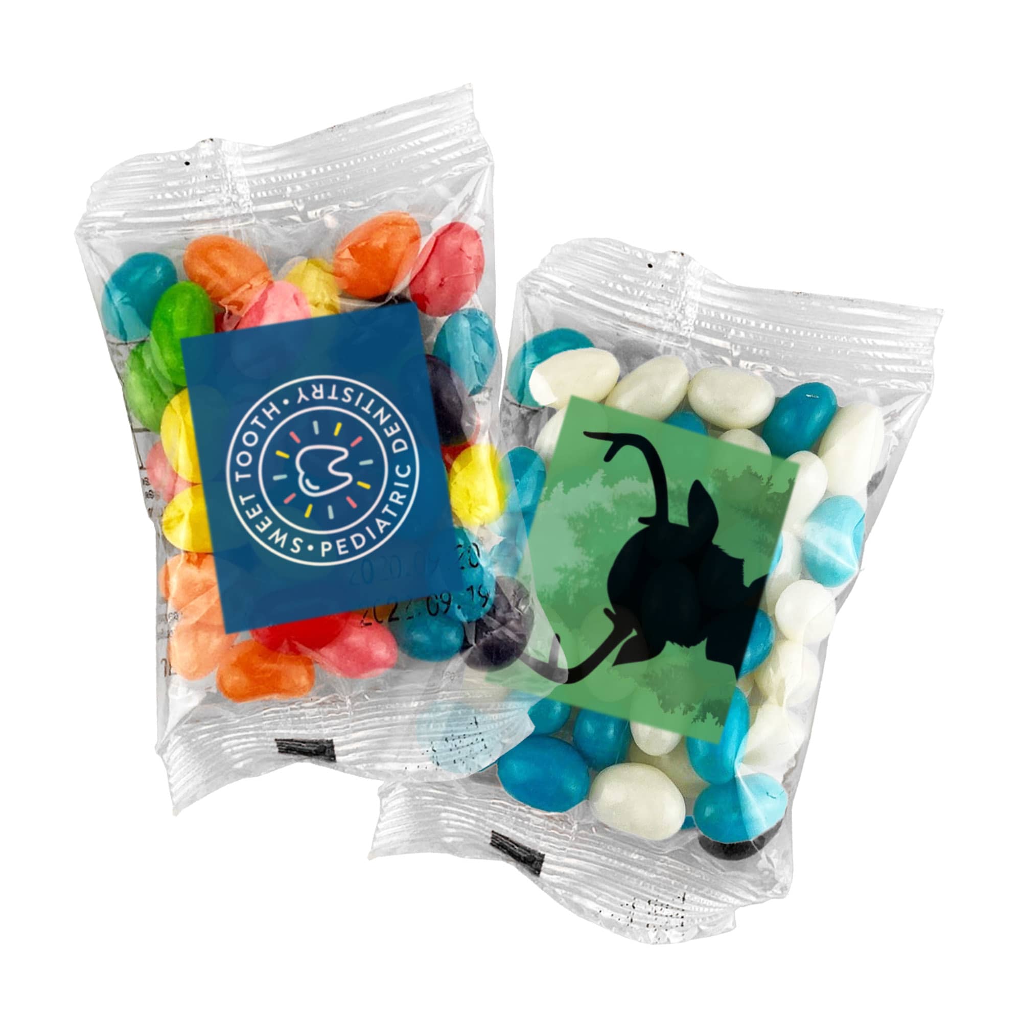 Two transparent bags filled with colourful jelly beans in various shades, including orange, green, blue, and white. Jelly Bean In Bag 50g - Image 1