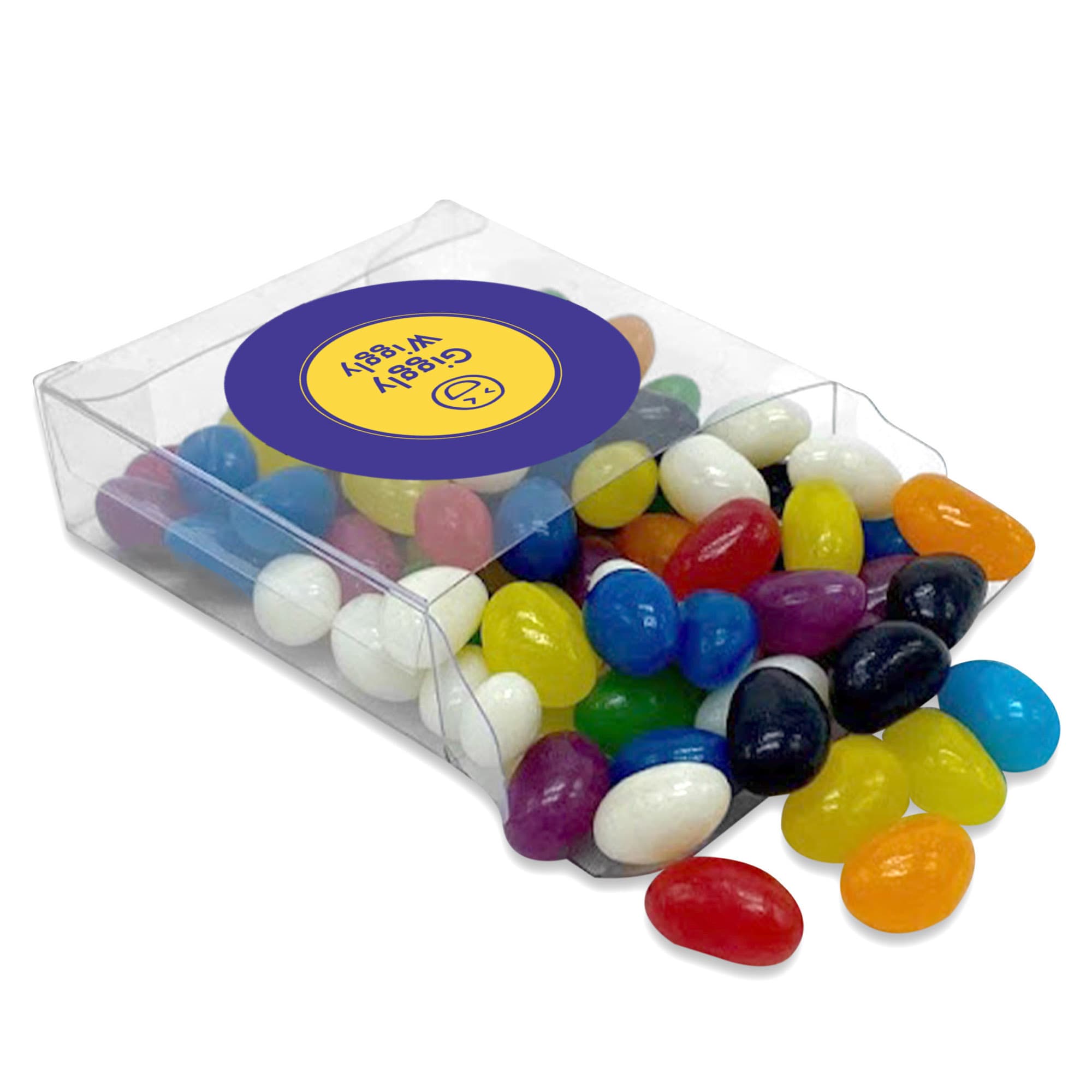 A clear box containing an assortment of colourful jelly beans, including yellow, red, green, blue, and purple. Jelly Bean In Box 50g - Image 1