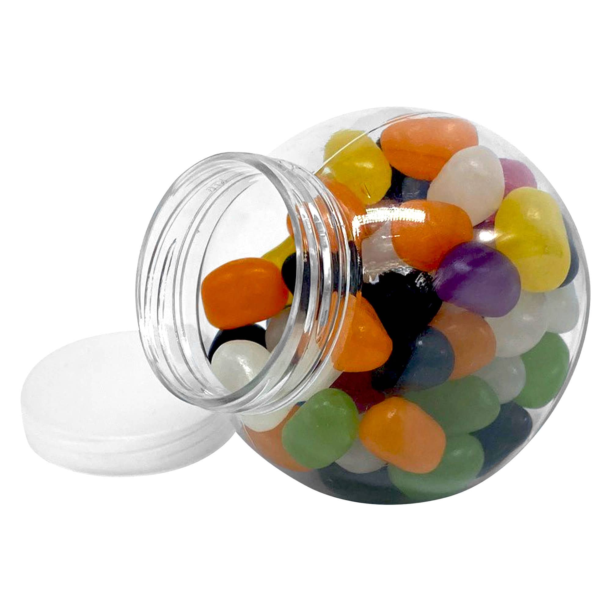 A transparent jar filled with colourful jelly beans in various shades, including orange, green, purple, and black. Jelly Bean In Jar 180g - Image 1