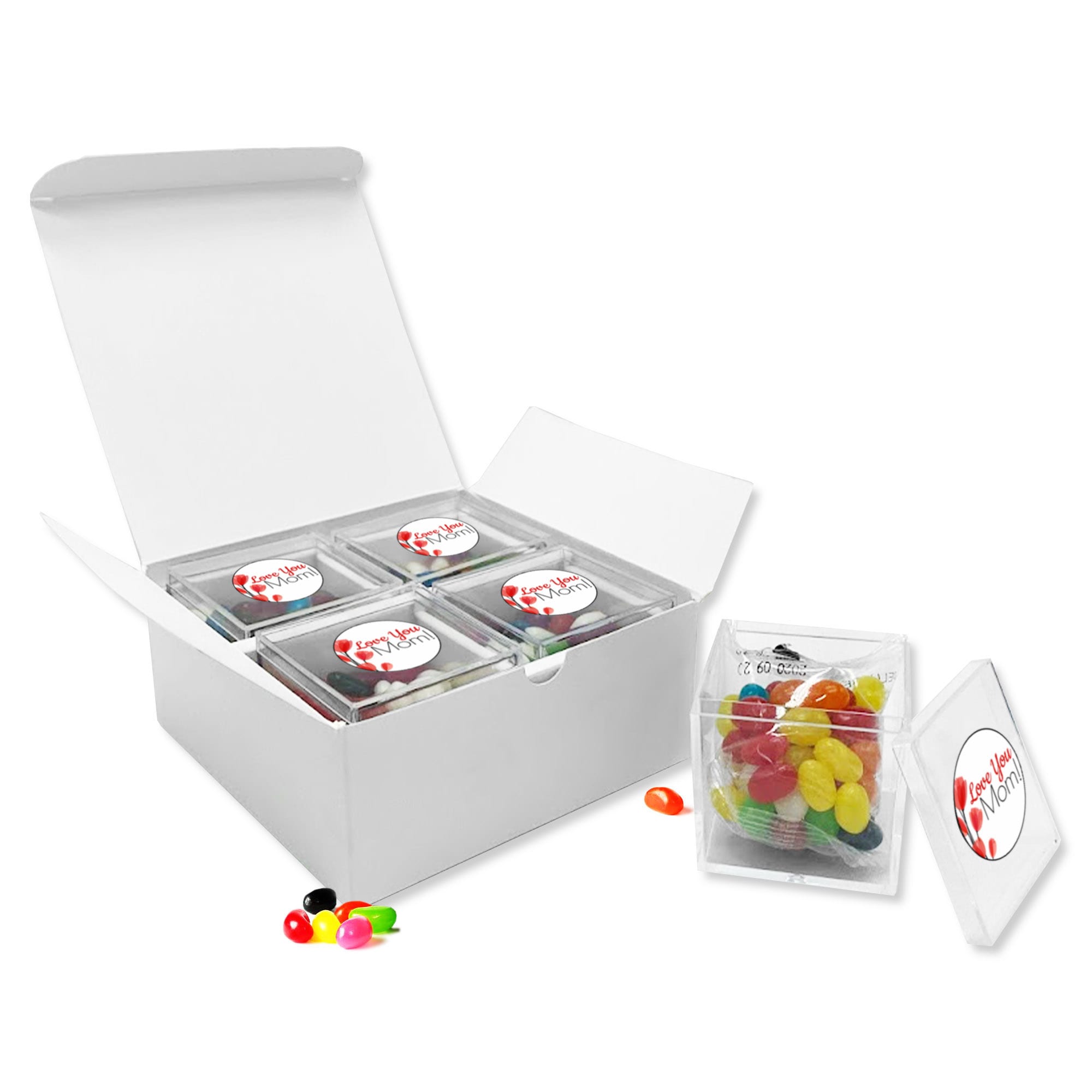 A gift pack containing four transparent containers of colourful jelly beans, displayed in a white box. Jelly Bean 4 Cubes In Gift Pack - Image 1