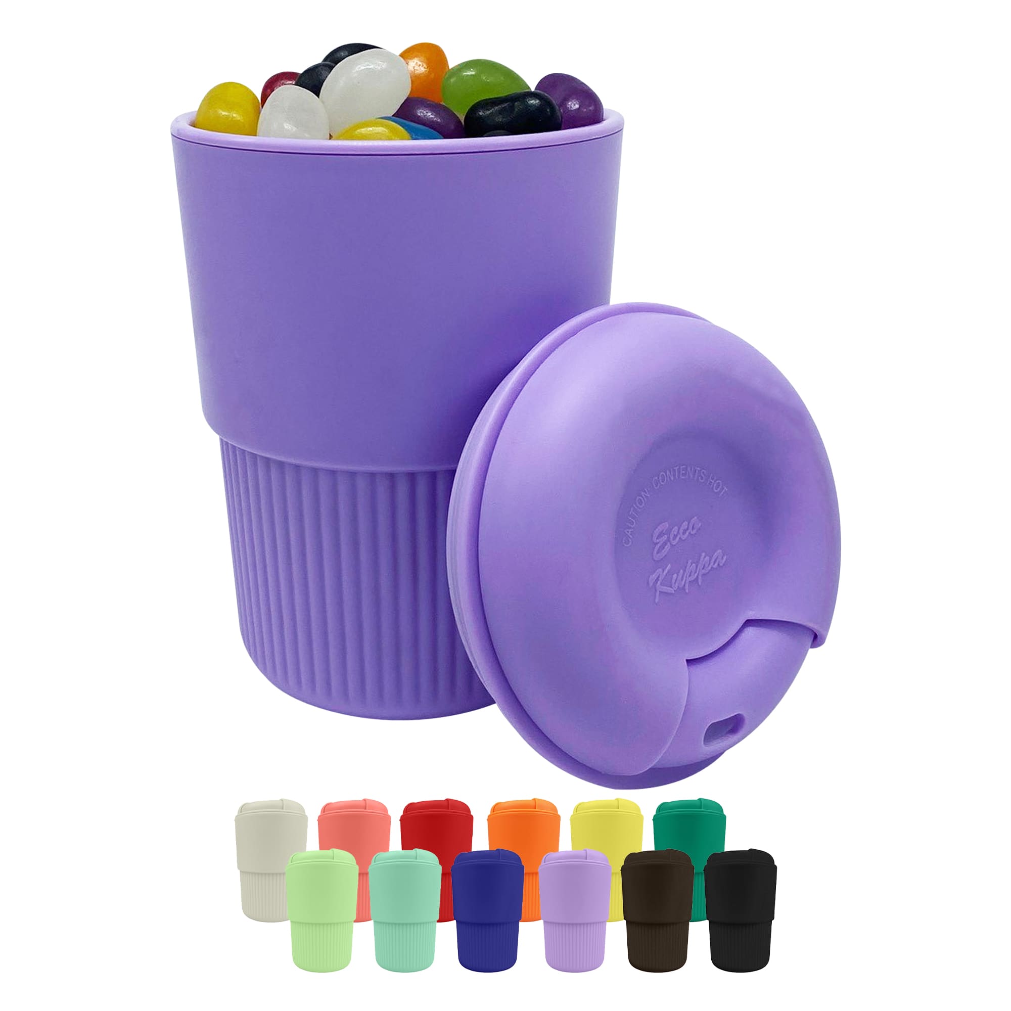 A reusable coffee cup in purple, filled with colourful jelly beans, with a matching lid, and featuring various colour options below. Jelly Bean In Ecco Kuppa - Image 1
