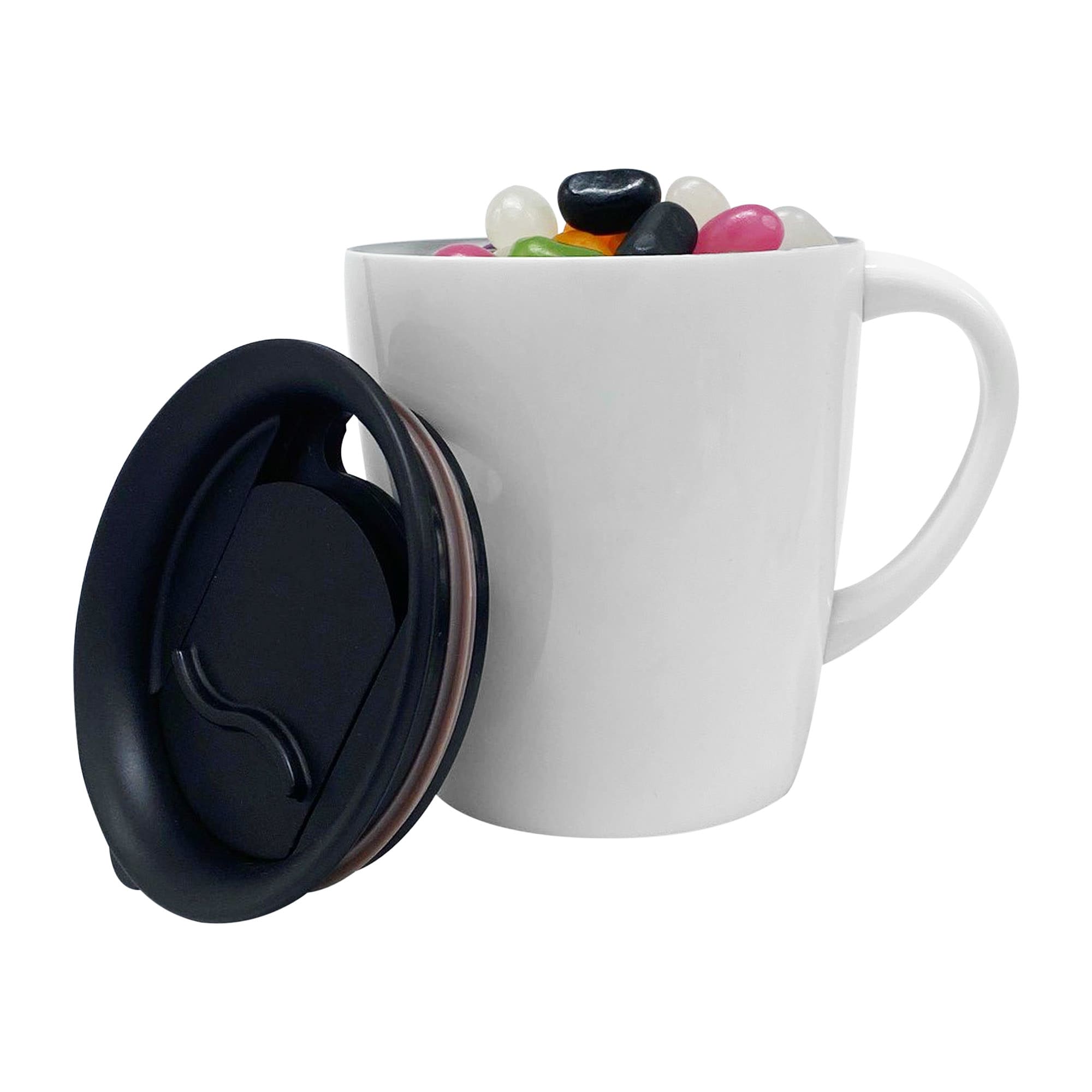A white mug filled with colourful jelly beans, accompanied by a black lid. Jelly Bean In Millan Mug - Image 1