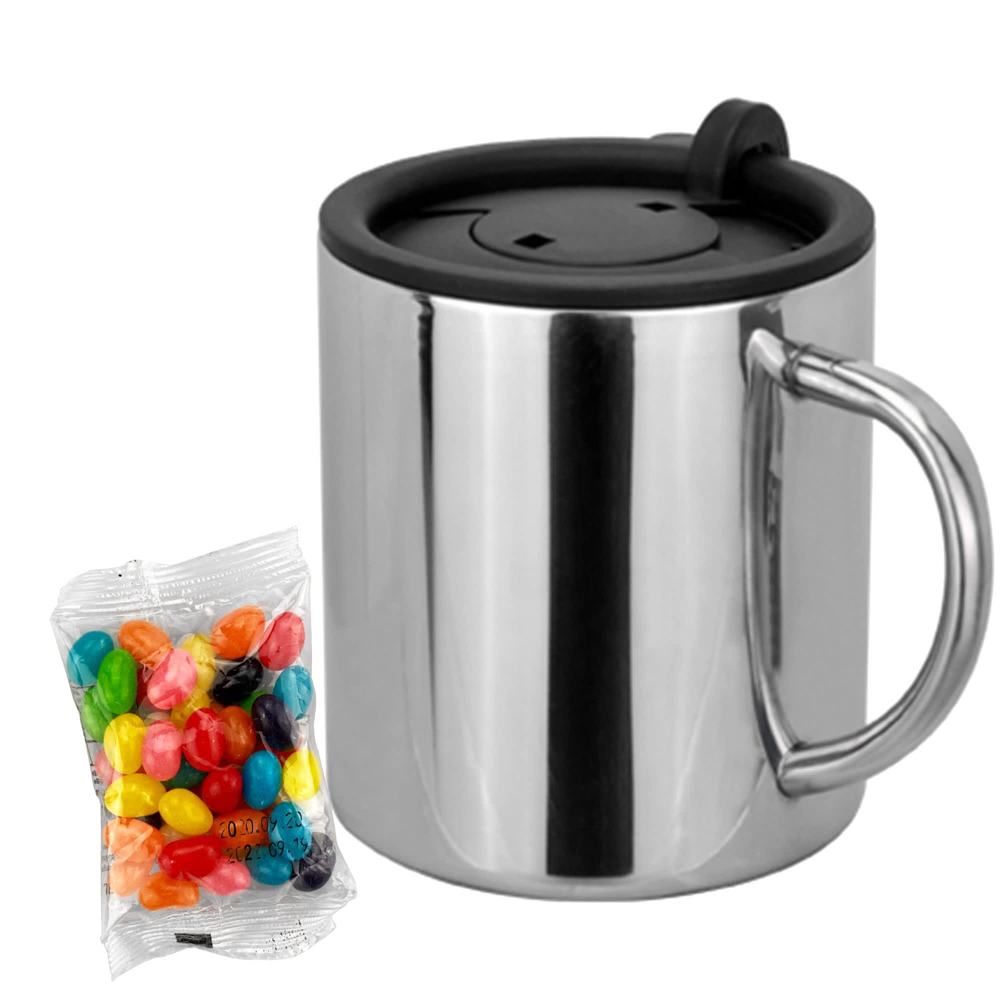 A stainless steel coffee mug with a black lid alongside a pack of colourful jelly beans. Jelly Bean In Brista Mug - Image 1