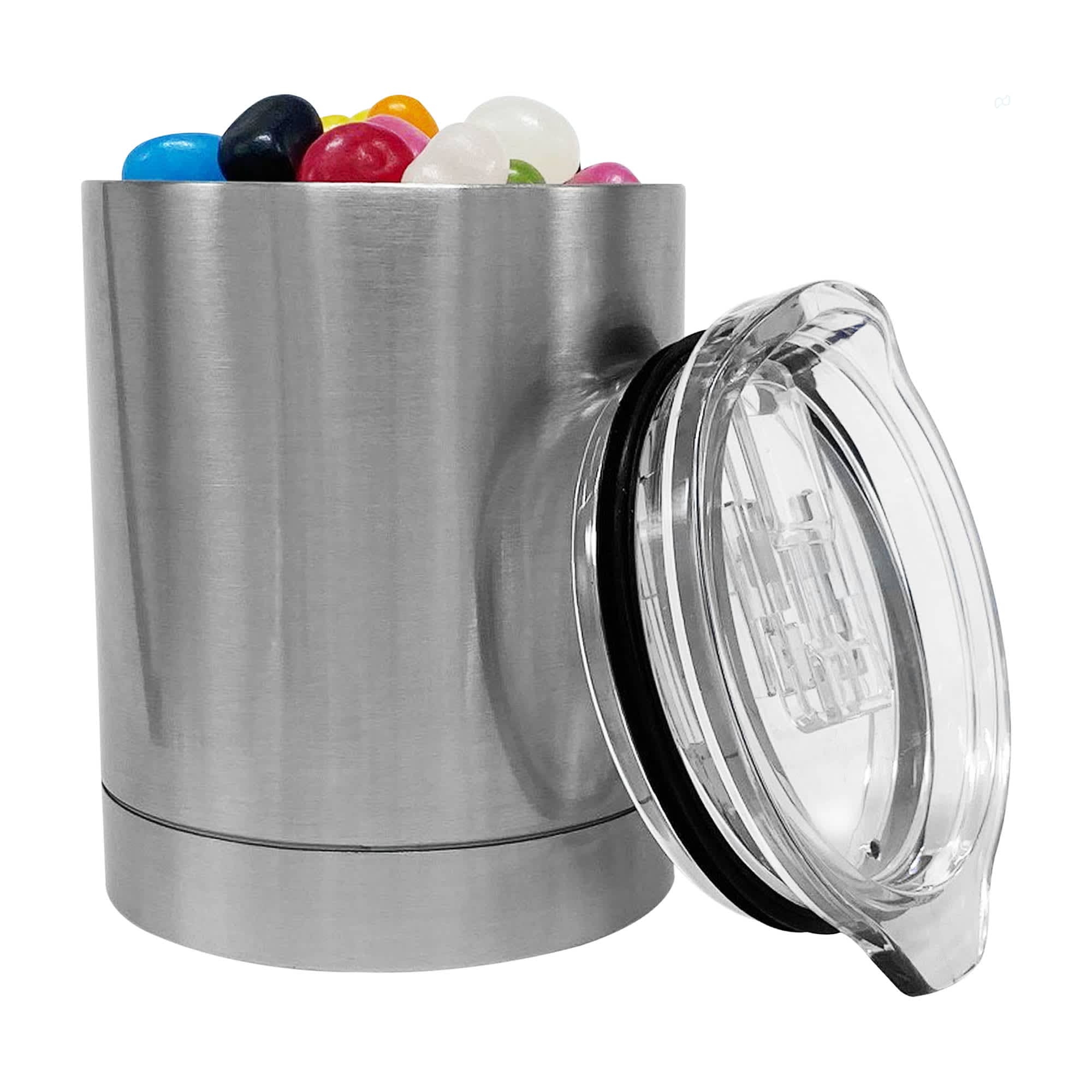 A stainless steel coffee mug with a clear lid, filled with colourful jelly beans. Jelly Bean In Paris Mug - Image 1