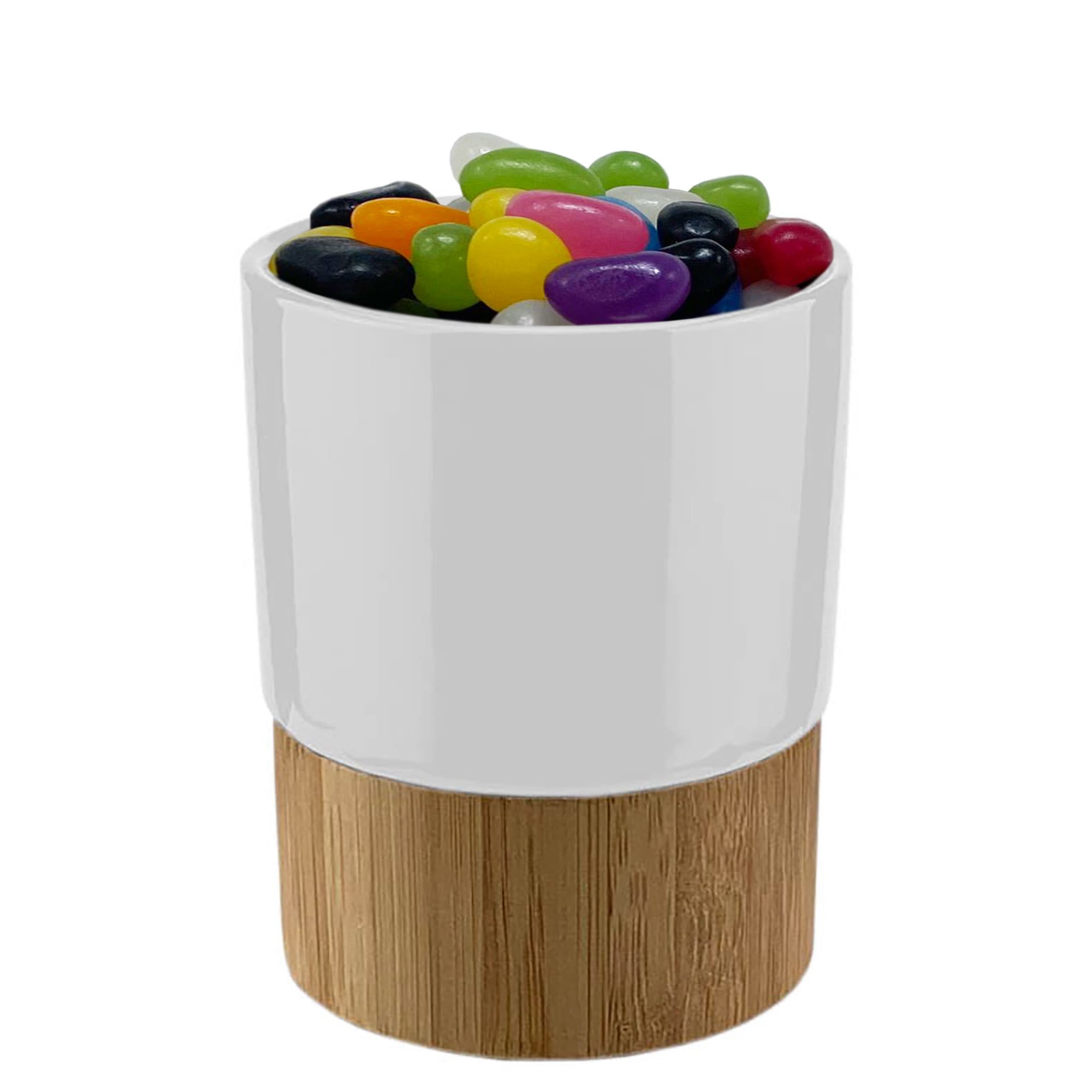 A ceramic mug with a wooden base filled with colourful jelly beans. Jelly Bean In Cerabam Mug - Image 1