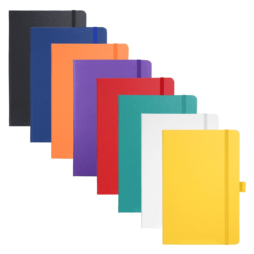 A collection of Nova Bound JournalBooks in various colours, including black, navy, orange, purple, red, green, white, and yellow, with a logo. Nova Bound JournalBook - Image 1