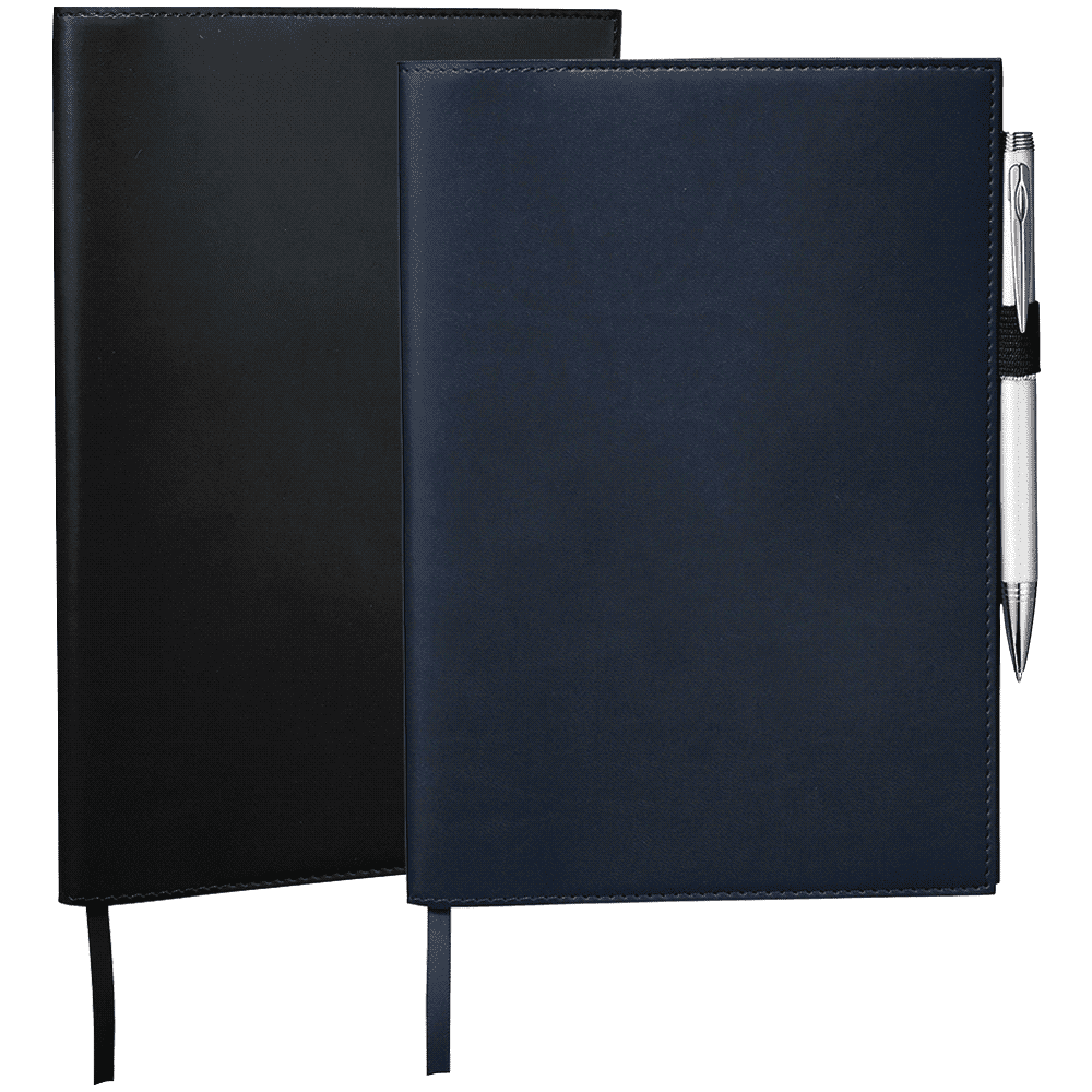 A pair of refillable journal books in black and navy, featuring a sleek design and a pen attached. Pedova Refillable JournalBook - Image 1