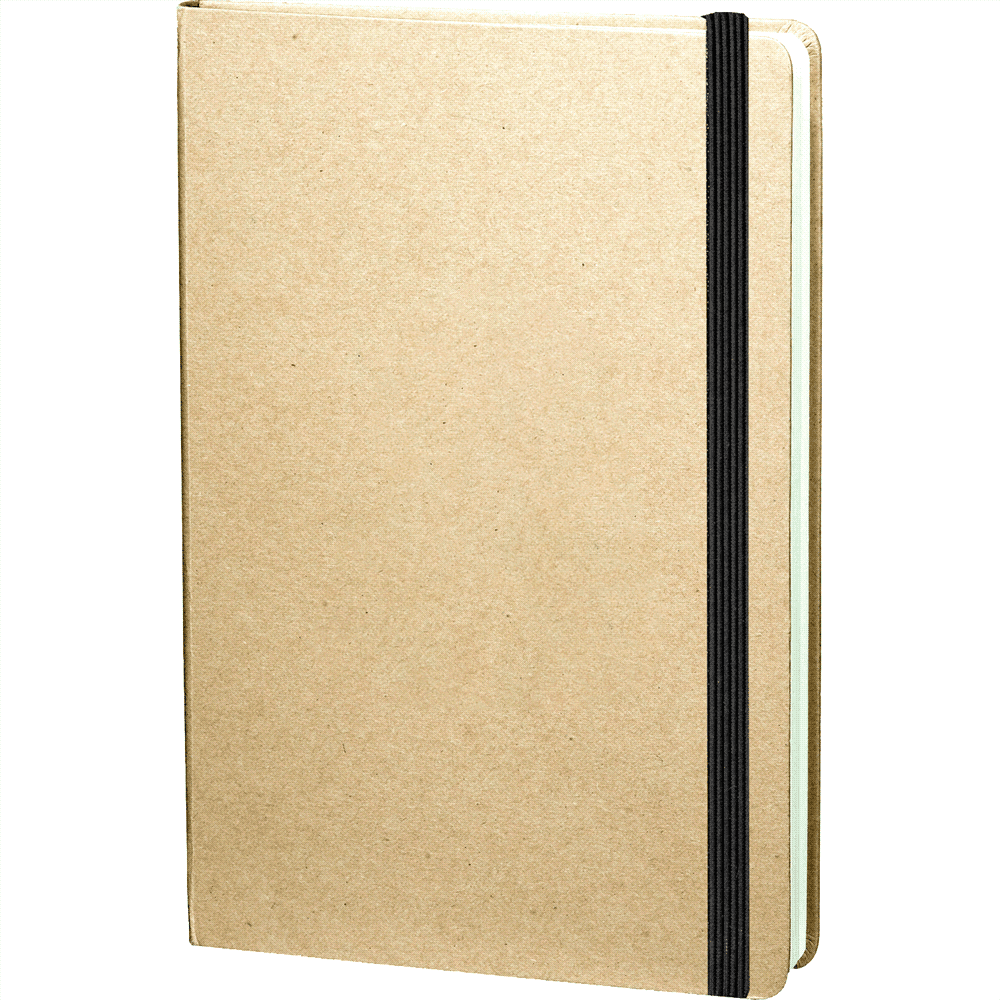 A kraft-coloured journal with a black elastic band, featuring a plain cover and a logo on the front. Recycled Ambassador Bound JournalBook - Image 1