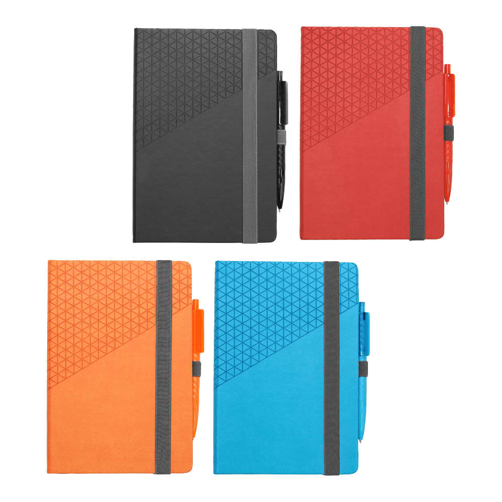 A notebook and pen set featuring a geometric design, available in black, red, orange, and blue. Each includes a matching pen. Geo Notebook & Pen Set - Image 1