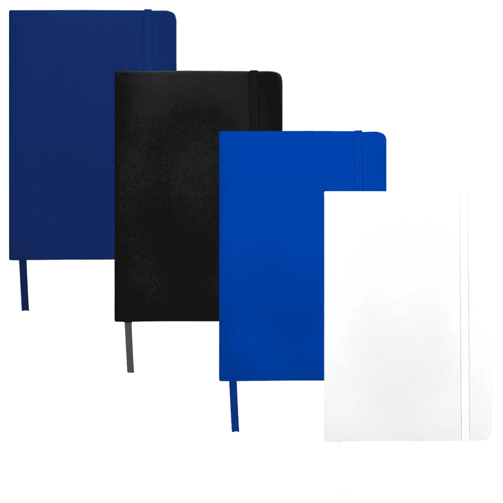 A set of four A5 hard cover notebooks in navy blue, black, bright blue, and white, each with a logo. Spectrum A5 Hard Cover JournalBook - Image 1