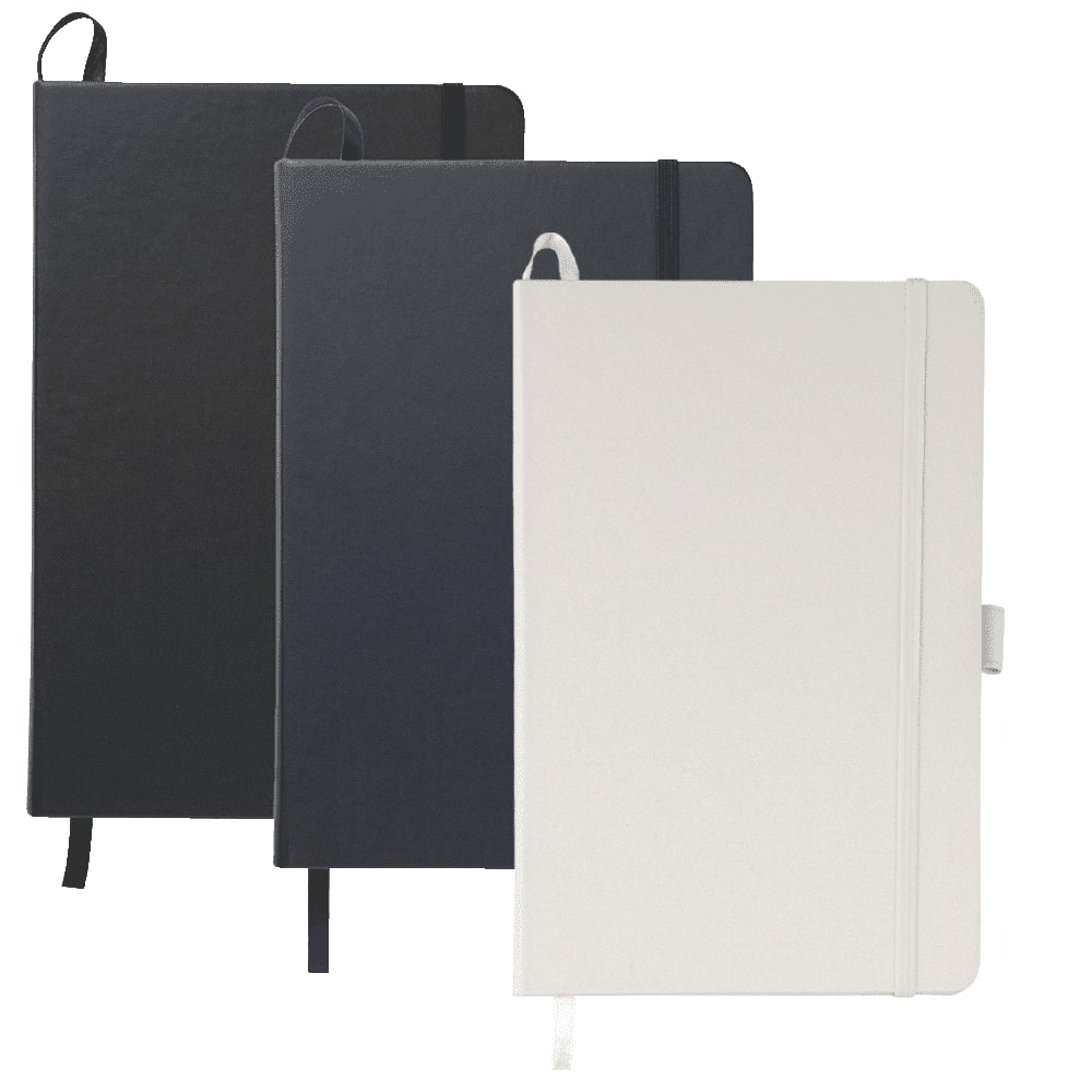 A collection of three A5 notebooks in black, dark grey, and white with elastic closures and a logo. Mela Recycled A5 Apple JournalBook - Image 1
