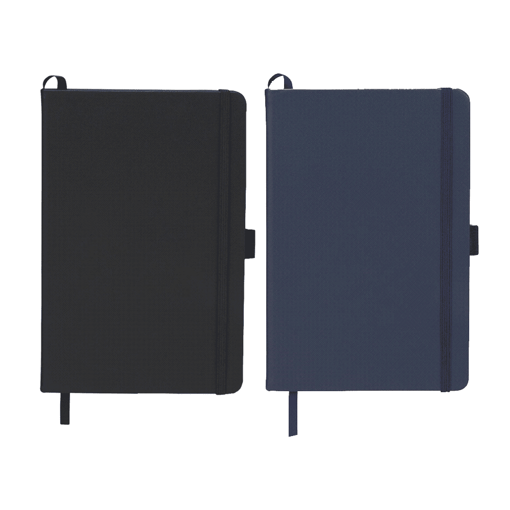 A Pineapple Leather Bound JournalBook in black and navy blue, featuring a logo and an elastic band closure. Pineapple Leather Bound JournalBook - Image 1