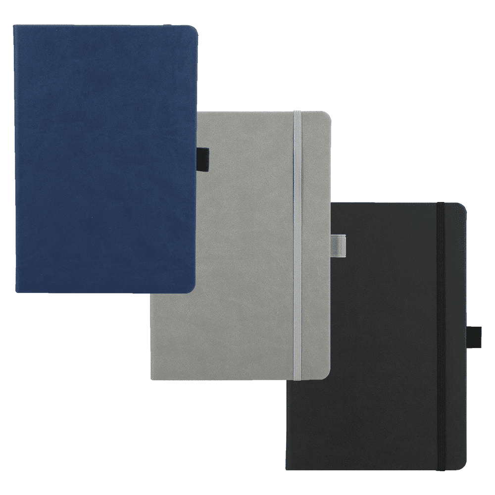 A collection of three hard-bound journals in navy blue, grey, and black, each featuring a logo. Mano Recycled Hard Bound JournalBook - Image 1
