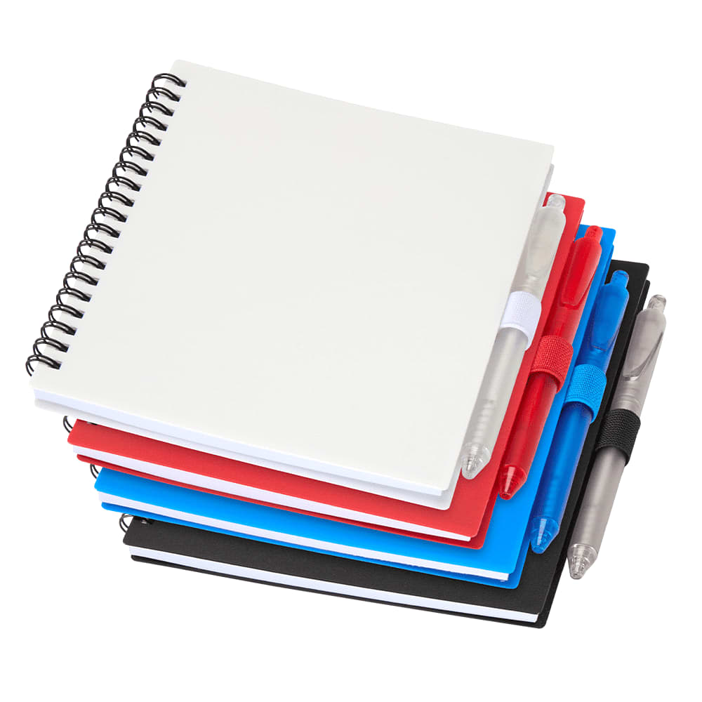 A stack of four journals in red, black, and blue, accompanied by two silver pens and featuring a logo. Niove Recycled PP JournalBook & Pen - Image 1