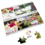 A4 Cardboard jigsaw featuring colourful images of drinks, games, and snacks, with pieces scattered on a surface.