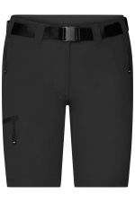 A pair of black ladies trekking shorts with a belt and zippered pockets, featuring a logo.