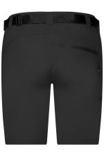 Black ladies trekking shorts featuring a belt and a zip pocket on the back. Includes a logo on the waistband.