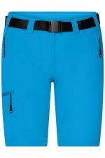 Bright blue ladies trekking shorts featuring a belt, with side zippers and a sleek design.