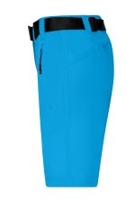 Bright blue ladies trekking shorts featuring a black belt and a side zip pocket.