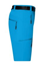A pair of blue women's trekking shorts with multiple zipped pockets and a black belt. Features a logo on the waistband.
