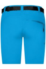 Bright blue ladies trekking shorts with a back pocket and a black belt. Features a logo on the design.