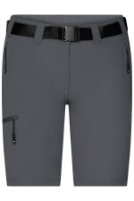Dark grey ladies trekking shorts featuring a belt and zippered pockets, with a branding logo present.