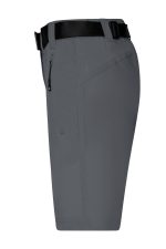 A pair of ladies' trekking shorts in grey, featuring a belt and zippered pocket, with a logo on the waistband.