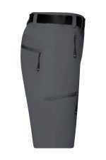 A pair of grey ladies trekking shorts with multiple zipped pockets and a waistband. Features a logo.