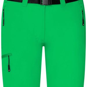 Green ladies trekking shorts featuring a belt, zippered pockets, and a sleek design with a logo.