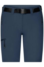 Navy blue ladies' trekking shorts featuring a belt and multiple zippered pockets. Includes branding on the waistband.