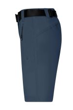 A pair of navy ladies trekking shorts featuring a side pocket and a black belt.