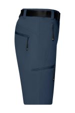 Navy blue ladies trekking shorts with multiple zip pockets and a belt. Features a logo on the waistband.