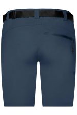Navy blue ladies trekking shorts featuring a belt and a zippered back pocket. Includes a logo design.