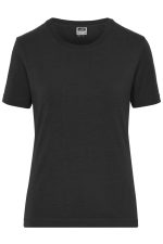 A black ladies' t-shirt with short sleeves, featuring a fitted design and a label inside.