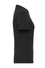 A black ladies' BIO Stretch-T work t-shirt, showcasing a simple and fitted design from the side. It features a logo.