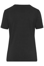 A black ladies' t-shirt with short sleeves, featuring a simple design and a logo on the back.
